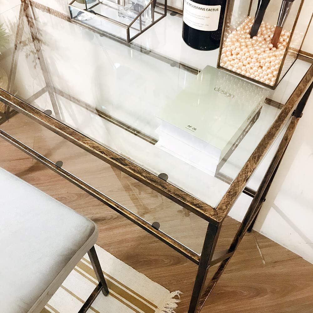 Antique Gold Glass Top Desk Vanity Table E86976