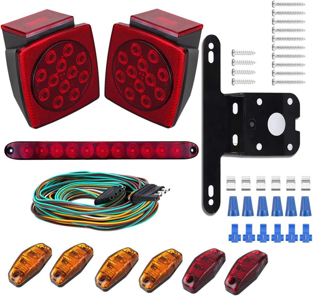 LED Trailer Lights Kit, Submersible Square Stop Turn Tail Lights, Red/Amber Side Marker Lights, 3rd Brake ID Light Bar, Pack of 2 F3310