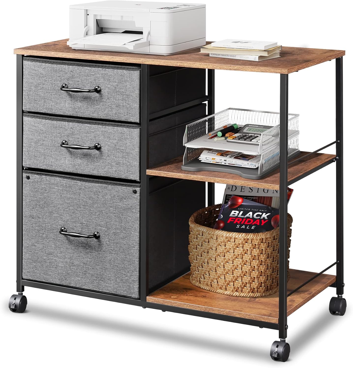 Black 3 Drawer Mobile File Cabinet with Open Storage Shelf L746