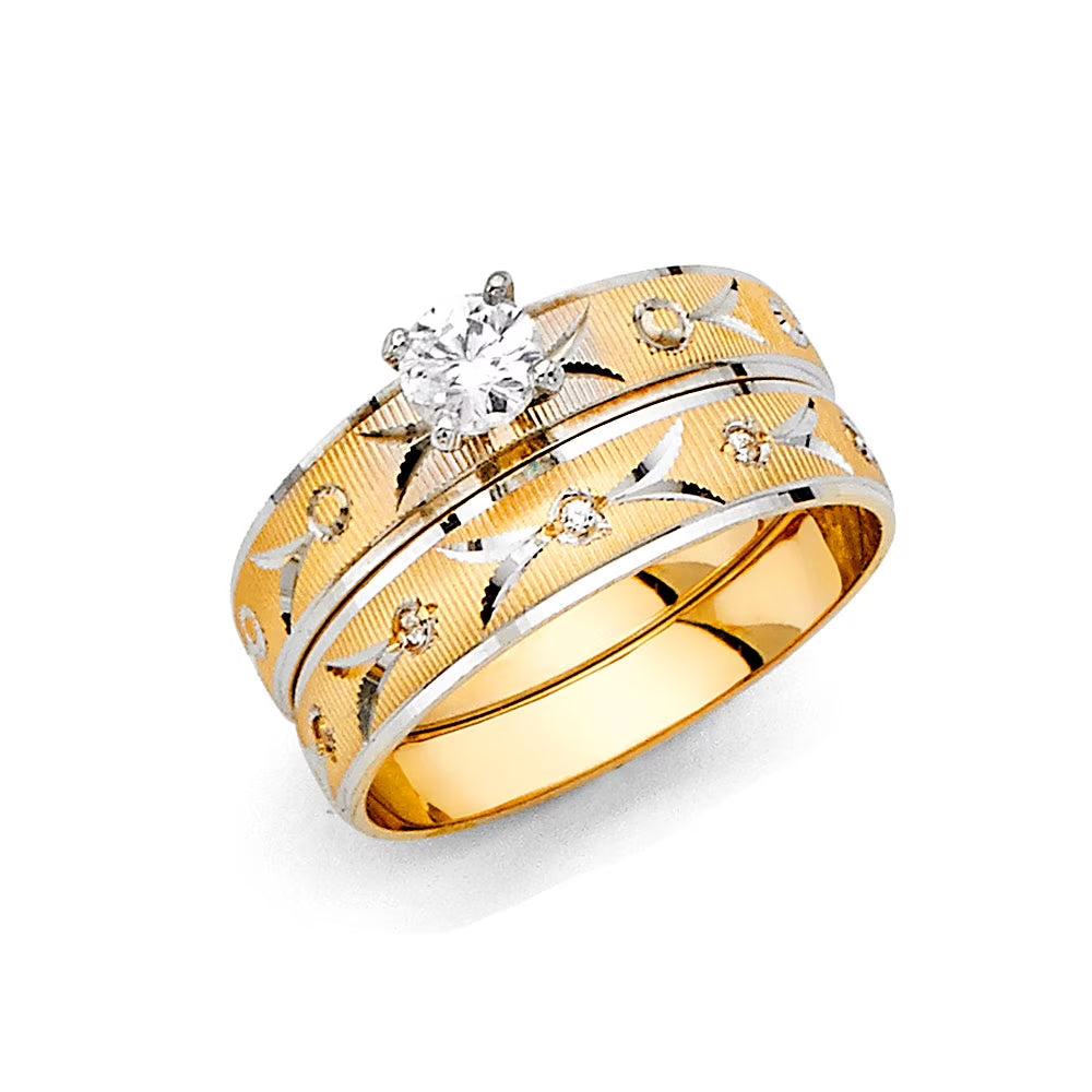 14k Two Tone White and Yellow Gold CZ Engagement Ring and Wedding Band Bridal Set O44912