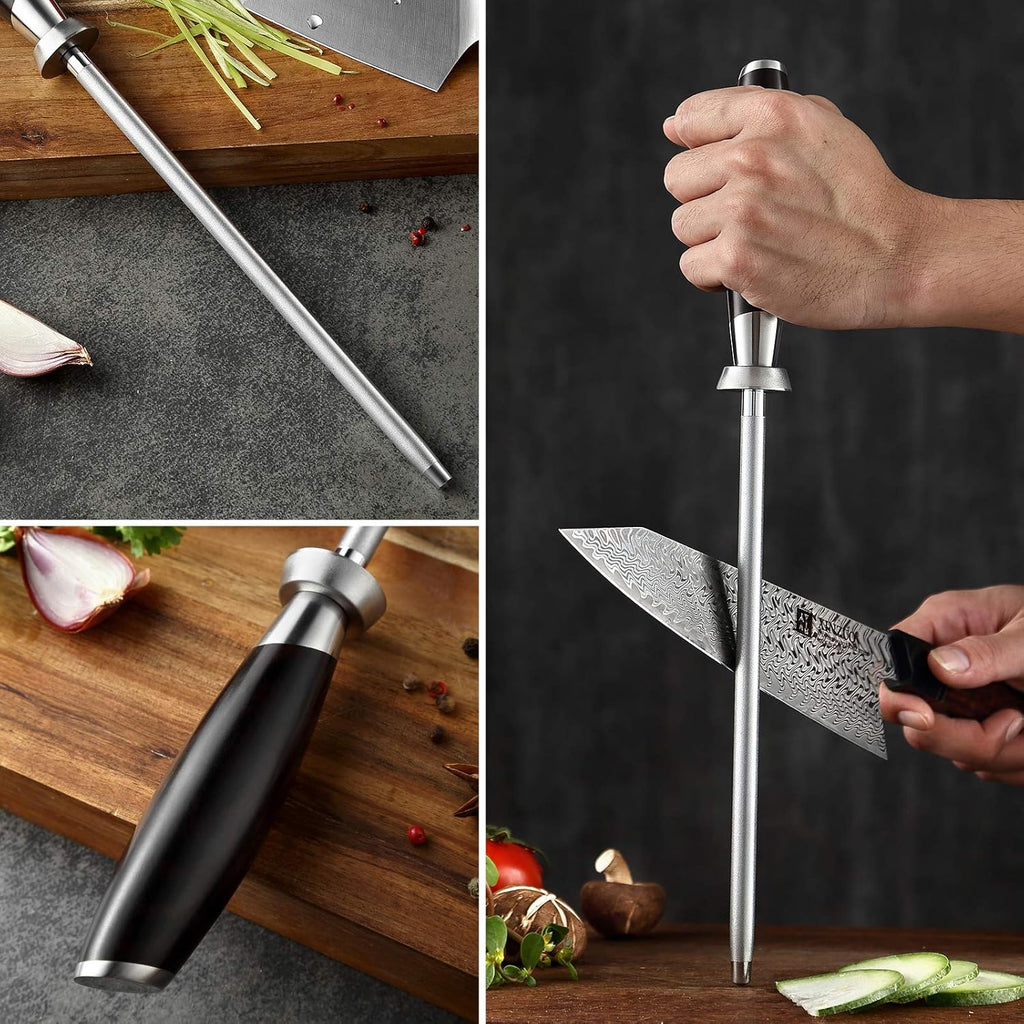 Damascus Steel 7-Piece Kitchen Knife Set with Wooden Block and Honing Steel B4345