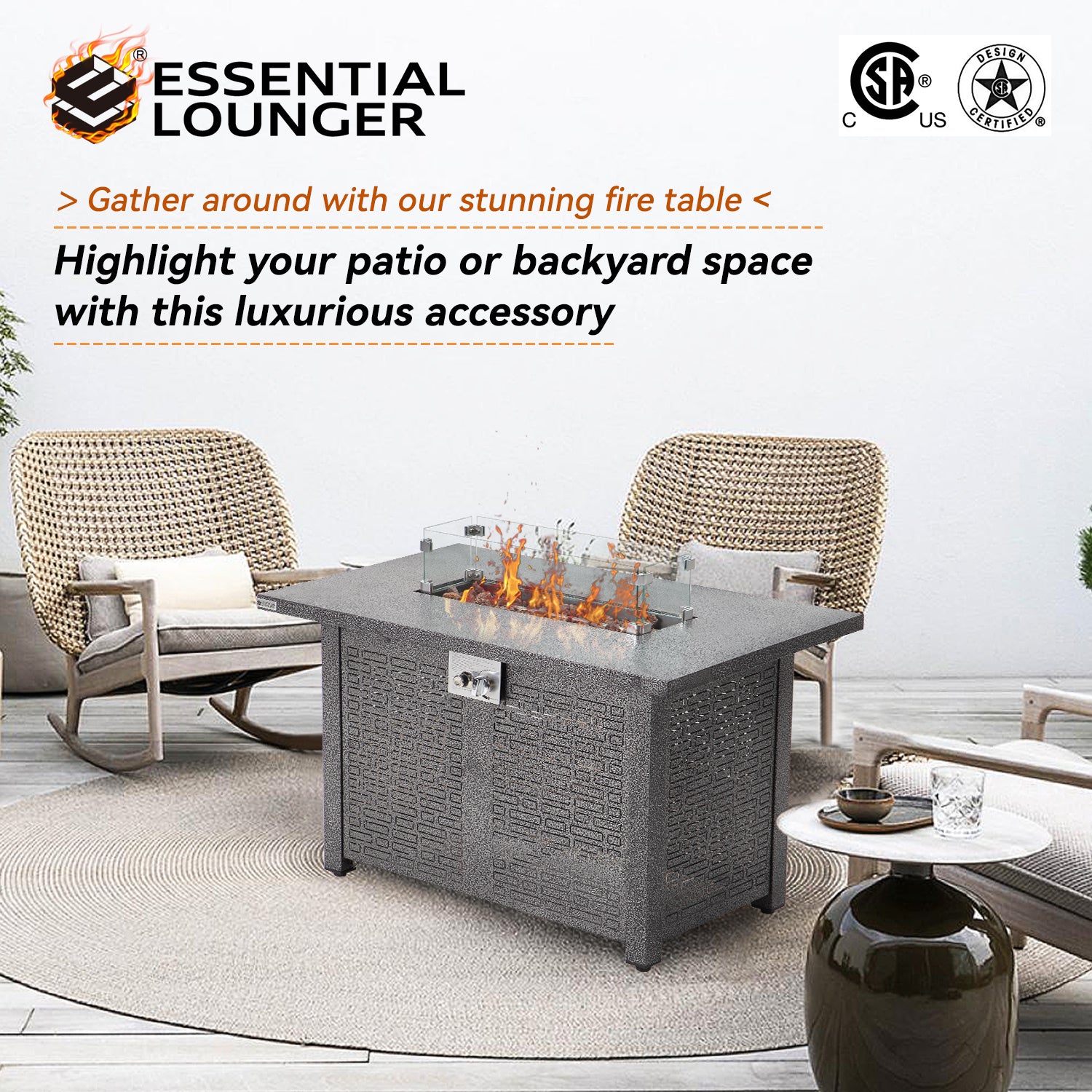 42 inch 50,000 BTU Rectangle Propane Gas Fire Pit Table with Lid, Glass Wind Guard, Waterproof Cover, Lava Rocks - Steel D570625